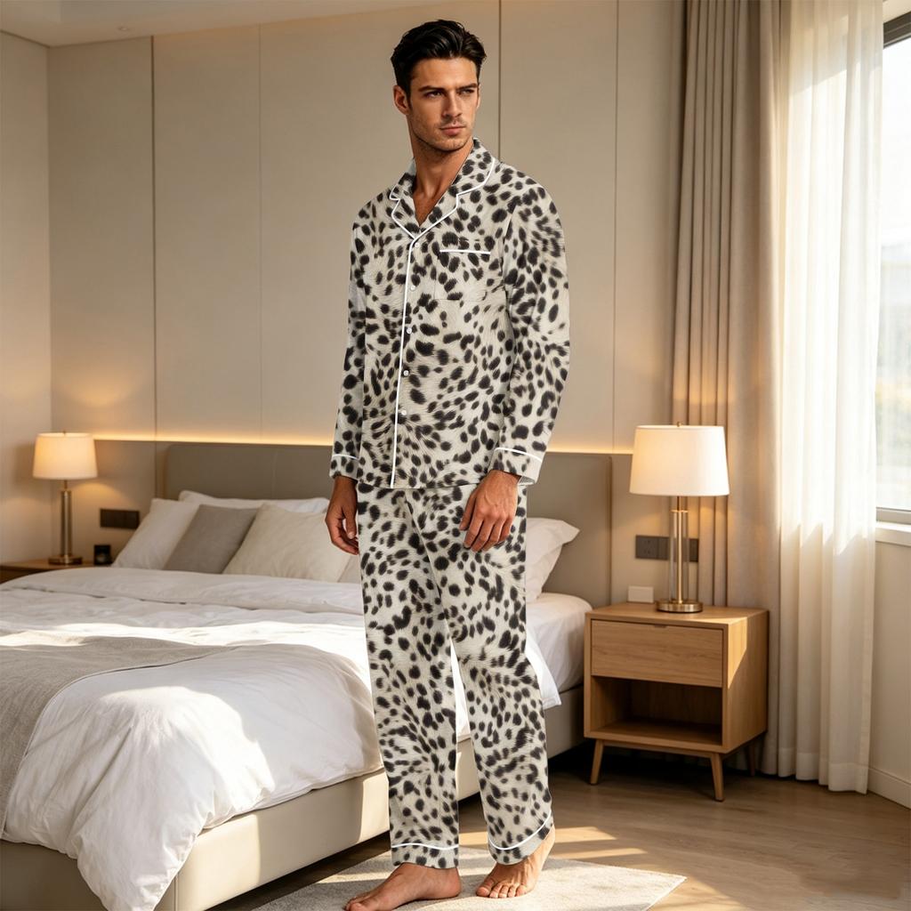 Men's Leopard Print Pajama Set Button Down Shirt and Straight Leg Pants Two Piece Sleepwear