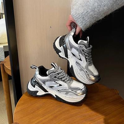 Daddy Shoes Damen Frühling Neu Dicksohlige Erhöhende Leder-Sneaker Damen Freizeitschuhe