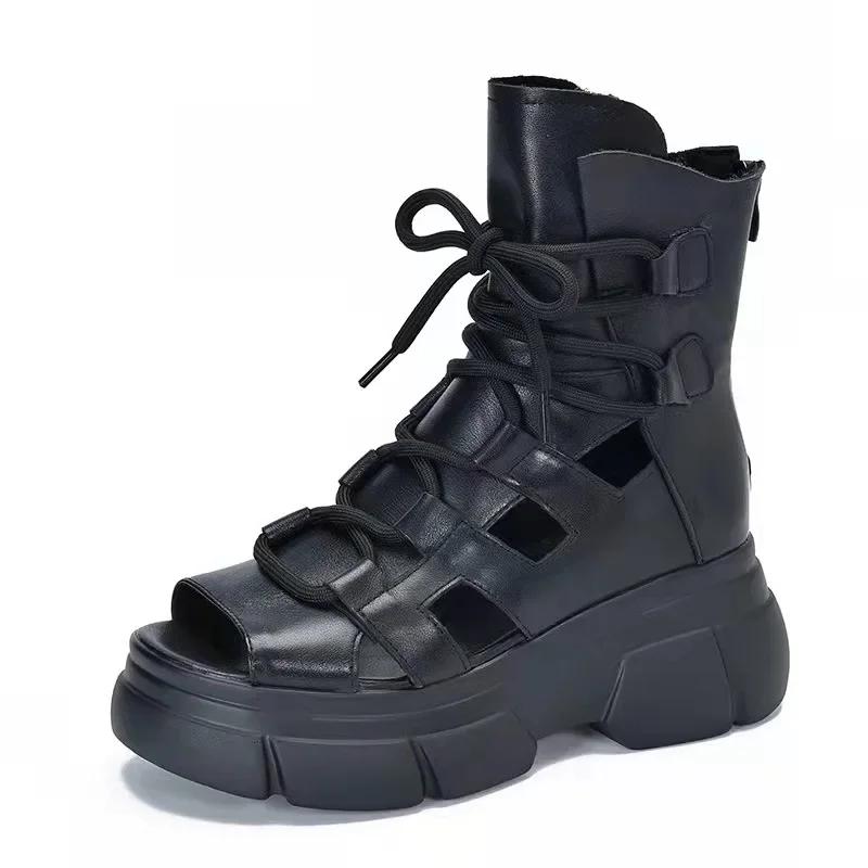 Fashion 2025 New Summer Black Women Pu Leather Sandals Cool Ankle Boots Platform Shoes Wedges Women's Sandals Fashion Outdoor Sandalias