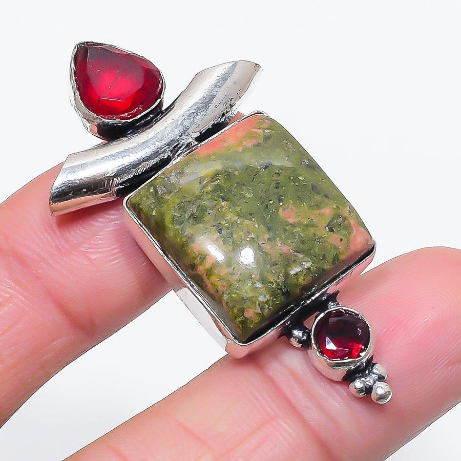Natural Unakite, Garnet Gemstone 925 Sterling Silver Jewelry Pendant 2.05" F1P08