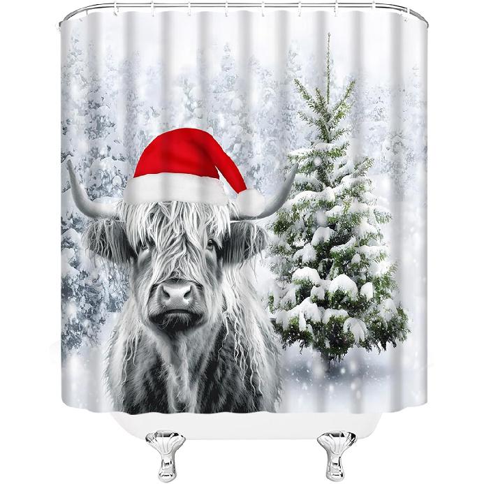 Christmas Shower Curtain Winter Highland Cow Xmas Tree Forest Holiday Rustic Farmhouse Bathroom Decor Curtain with Hooks,Gray Red Green