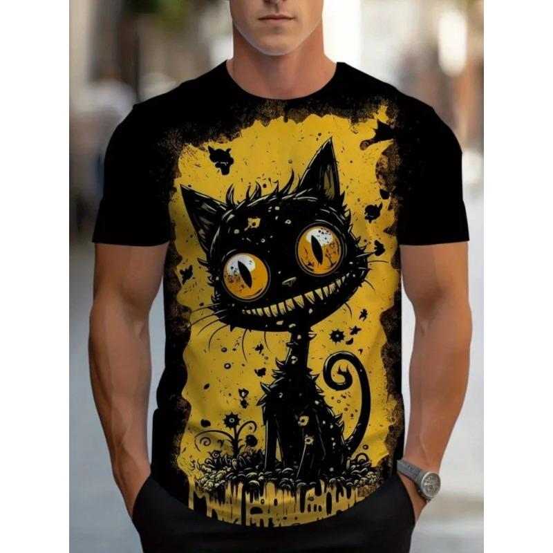 Summer Plus Men's Casual T-shirt Fashionable Blue Cat 3D Printed Sports Short Sleeved Round Neck Tops