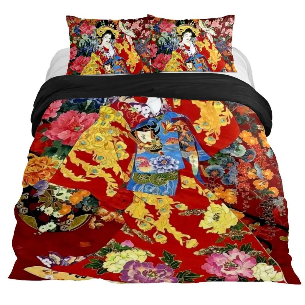 Japanese Geisha King Queen Duvet Cover Red Woman Bedding Set For Kids Teens Adults Koi Fish Eastern Culture 2/3Pcs Quilt Cover