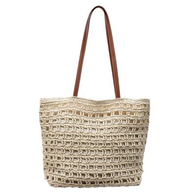 Handgewebte Strohtasche mit Ledergriffen und offener Webstruktur, perfekt für den Sommer, den Strand und Freizeitaktivitäten