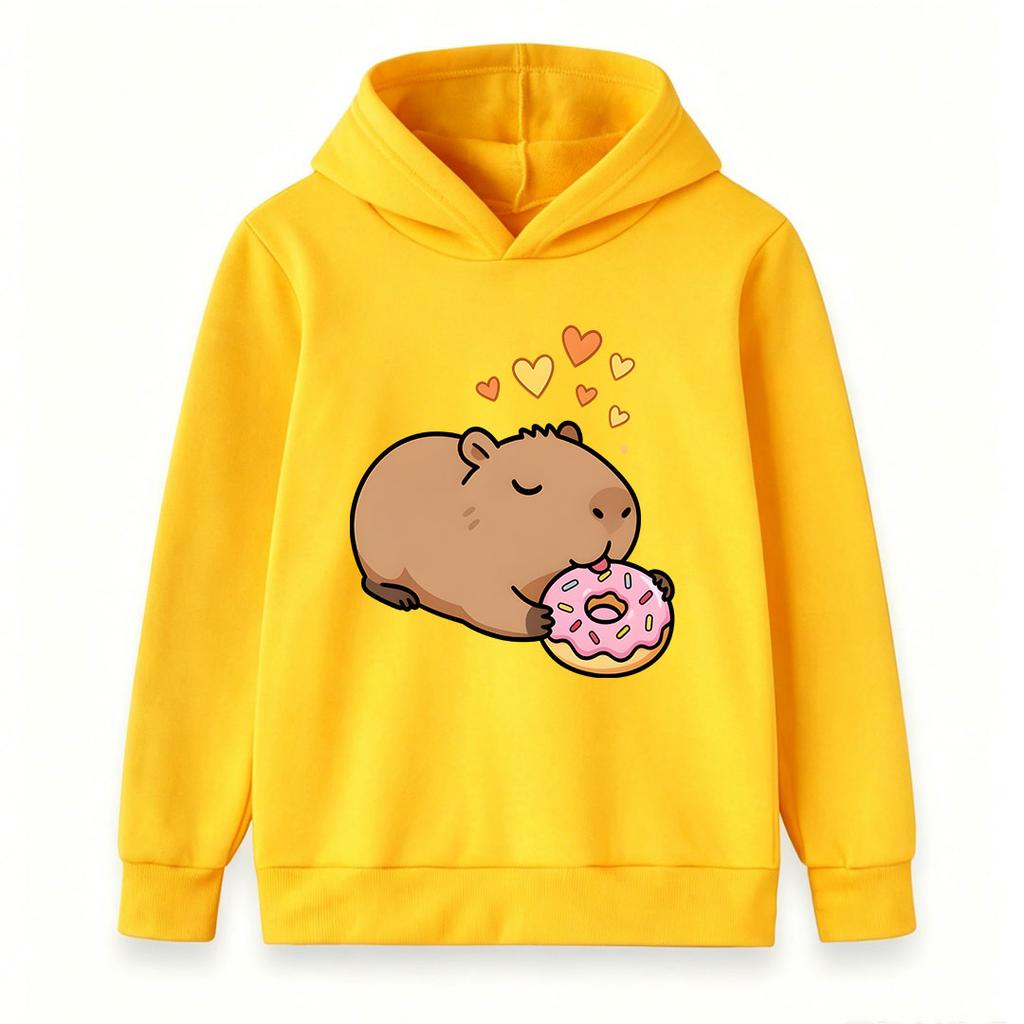 Kids Boys Girls Casual Hoodie, Cute Cartoon Capybara Eating Donut Print Pullover Hooded Sweatshirt, Cozy Long Sleeve Top For Daily Casual