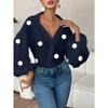 Elegante Blusa da Donna a Pois Larga con Scollo Semiaperto Top Casual a Maniche Lunghe Scollo a V Primavera Autunno Stampata Dolci Camicie Semplici da Ufficio per Signore