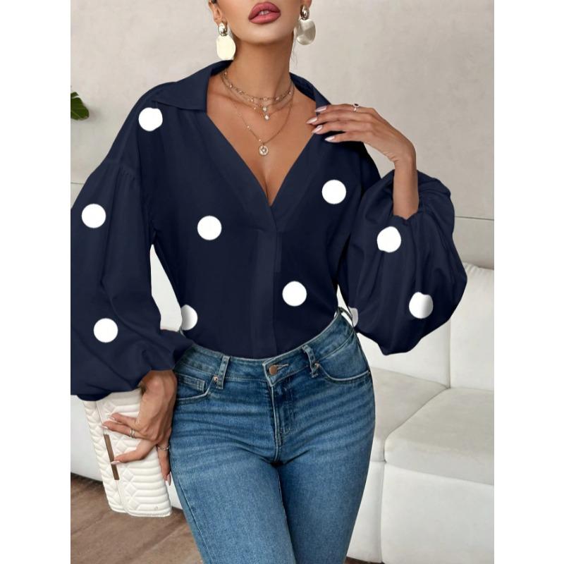 Elegante Blusa da Donna a Pois Larga con Scollo Semiaperto Top Casual a Maniche Lunghe Scollo a V Primavera Autunno Stampata Dolci Camicie Semplici da Ufficio per Signore