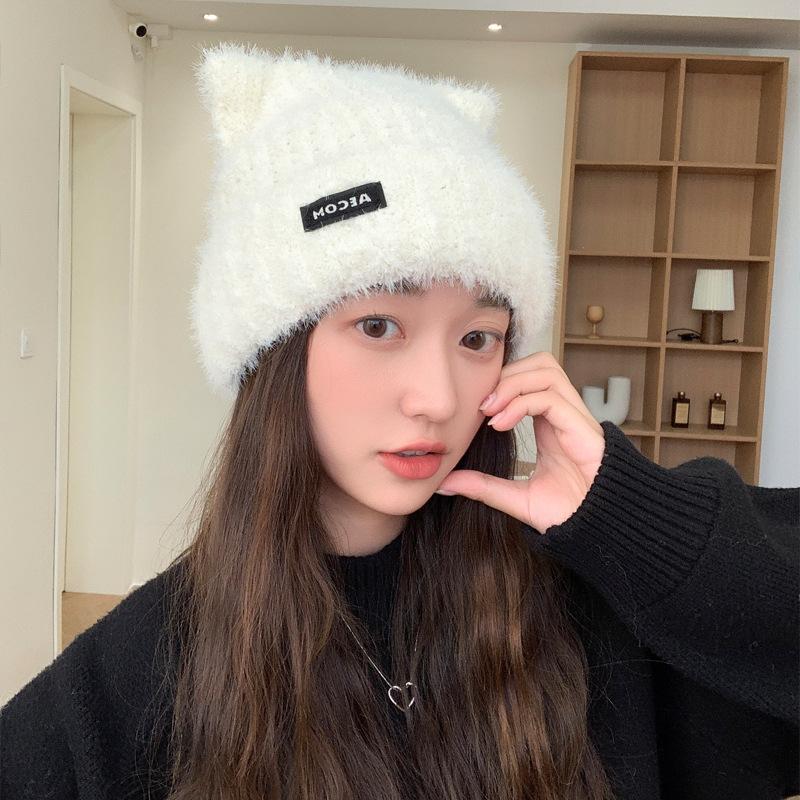 New Cute Bear Ears Wool Hat Women'S Winter Warm Knitted Hat Solid Color Versatile Cold Protection Ear Protection Pullover Hat
