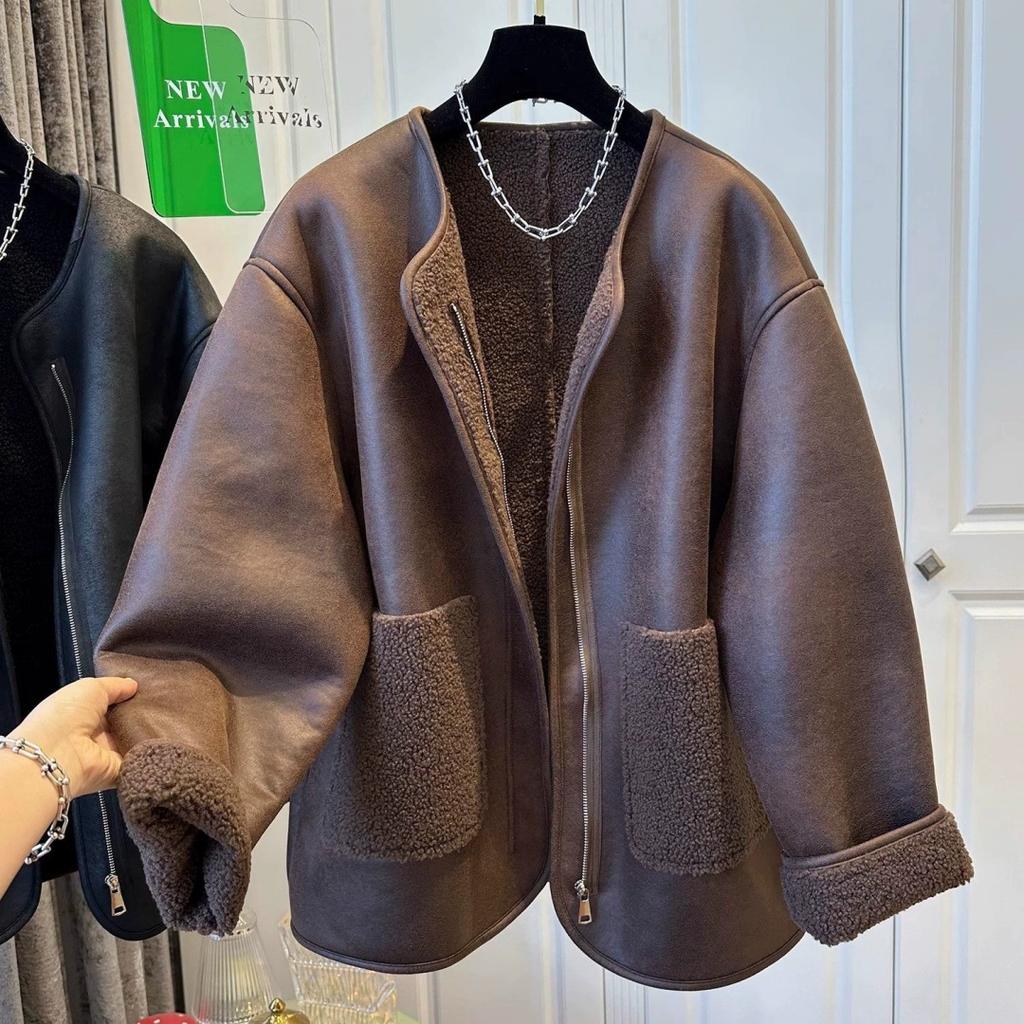 Women's Loose Plus Size Leather Jacket   Zipper Fur Stitching One Round Neck Coat Autumn Winter   Leather Overcoat