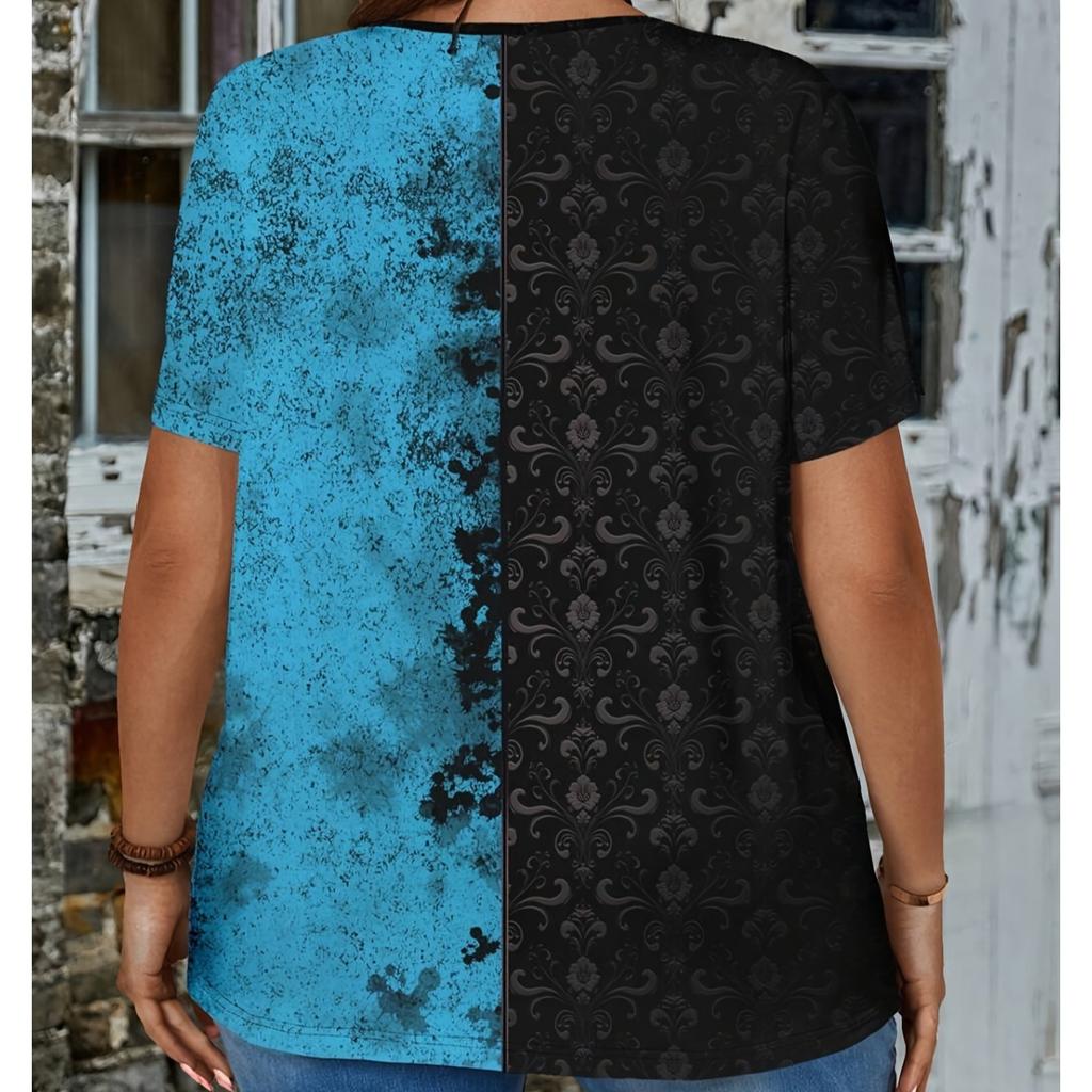 Summer V-neck Retro Flower Pattern 3D Printed Top Fashionable Casual Short Sleeved Plus Size Women's T-shirts