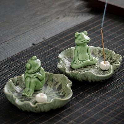Meditation Frog Incense Stick Holder Ceramics Lotus Leaf Sitting Frog Incense Burner