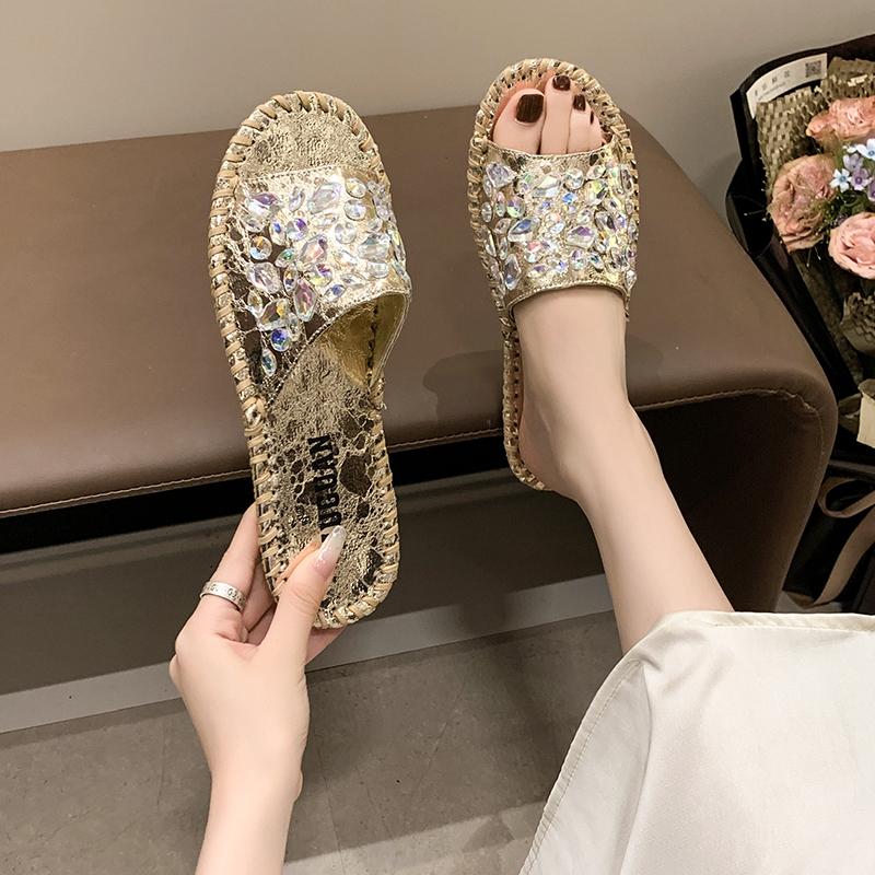 Aphixta Luxe Bling Cristal Diapositives Chaussures 2cm Plat Avec Pantoufles Femmes Couture Mulers Extérieur Sandales d'Été Pointure 43 Diapositives