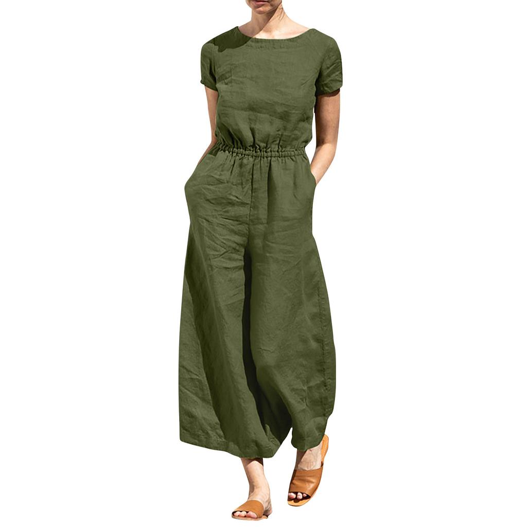 (Spicy chicken)Women's Fashion Loose Casual Solid Color  Linen Short Sleeve Temperament Wide-leg Long Jumpsuit Linen Pants For Women Belt Included