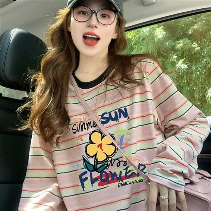 

Женские футболки оверсайз с графическим принтом в полоску в корейском стиле, топы, модные футболки с длинным рукавом для девочек M
