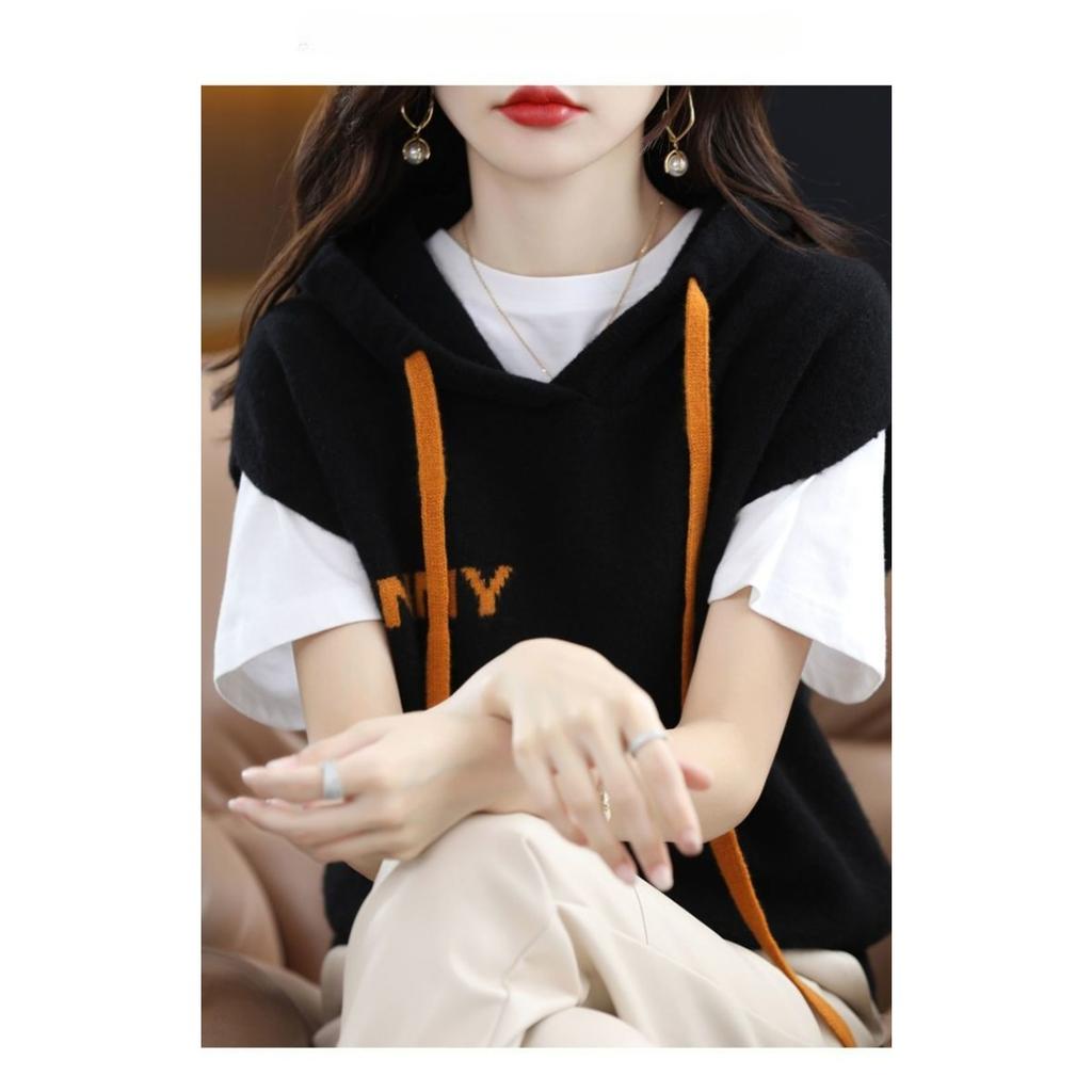 Ermeløs hettegenser, Dame Høst og Vinter Løstsittende Hettegenser Strikket Basegenser