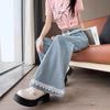 Comfortabele Lichte Kleur Kant Kant Jeans Vrouwen Hoge Taille Losse Wijde Pijp Micro-grote Broeken Kleine Mensen Broeken Jeans voor Vrouwen Lange Denim Broeken