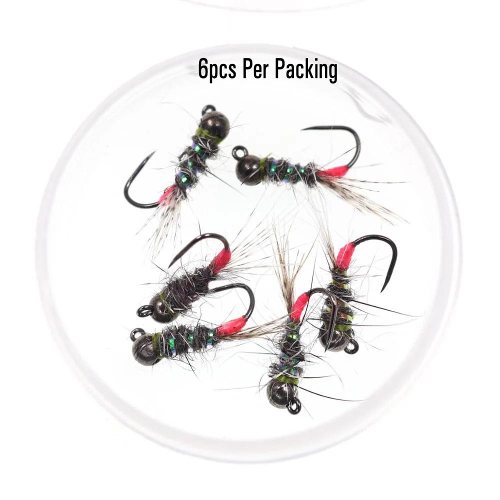 Bimoo 6pcs Black Tungsten Head Fluorescent Orange Pink Green Jig Fly Euro Nymph Perdigon Nymphs Fast Sinking Trout Fishing Lure