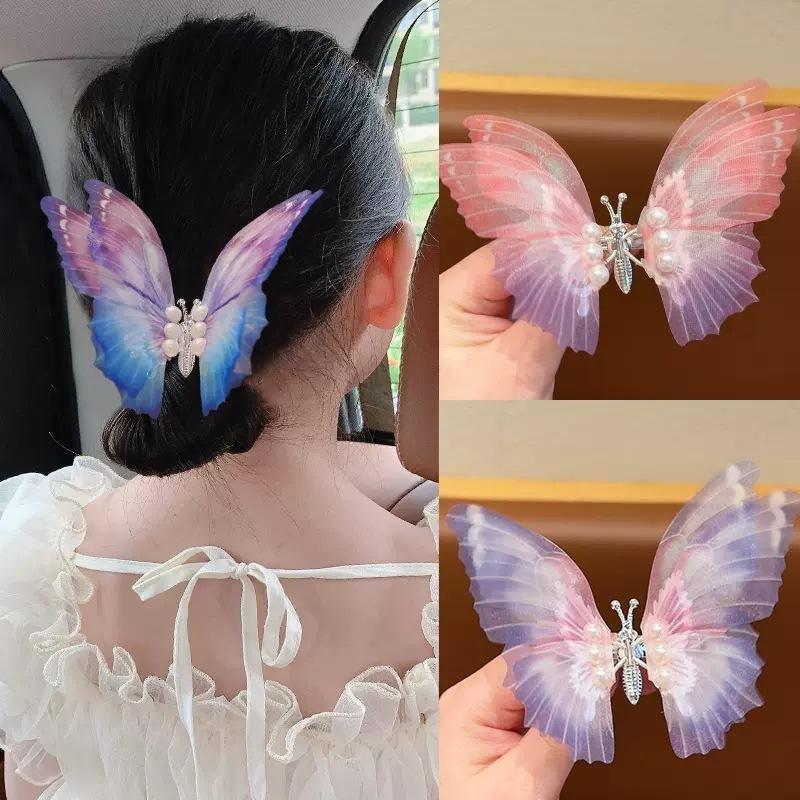 2pcs Korean Moving Butterfly Hair Clips for Girls Double Layered Wings Pearl Butterfly Hairpin Headwear Girls Kids Hair Accessories