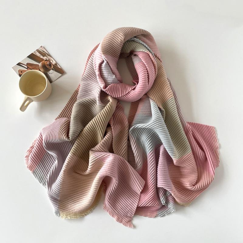 Winter new polyester-cotton multi-color line plaid scarf women's warm long thickened pleated scarf shawl
