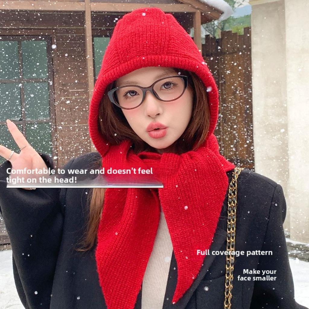 Red Hat Women's Autumn/Winter Warm Knitted Hat Scarf One Piece Hooded Neck Knitted Hat Winter