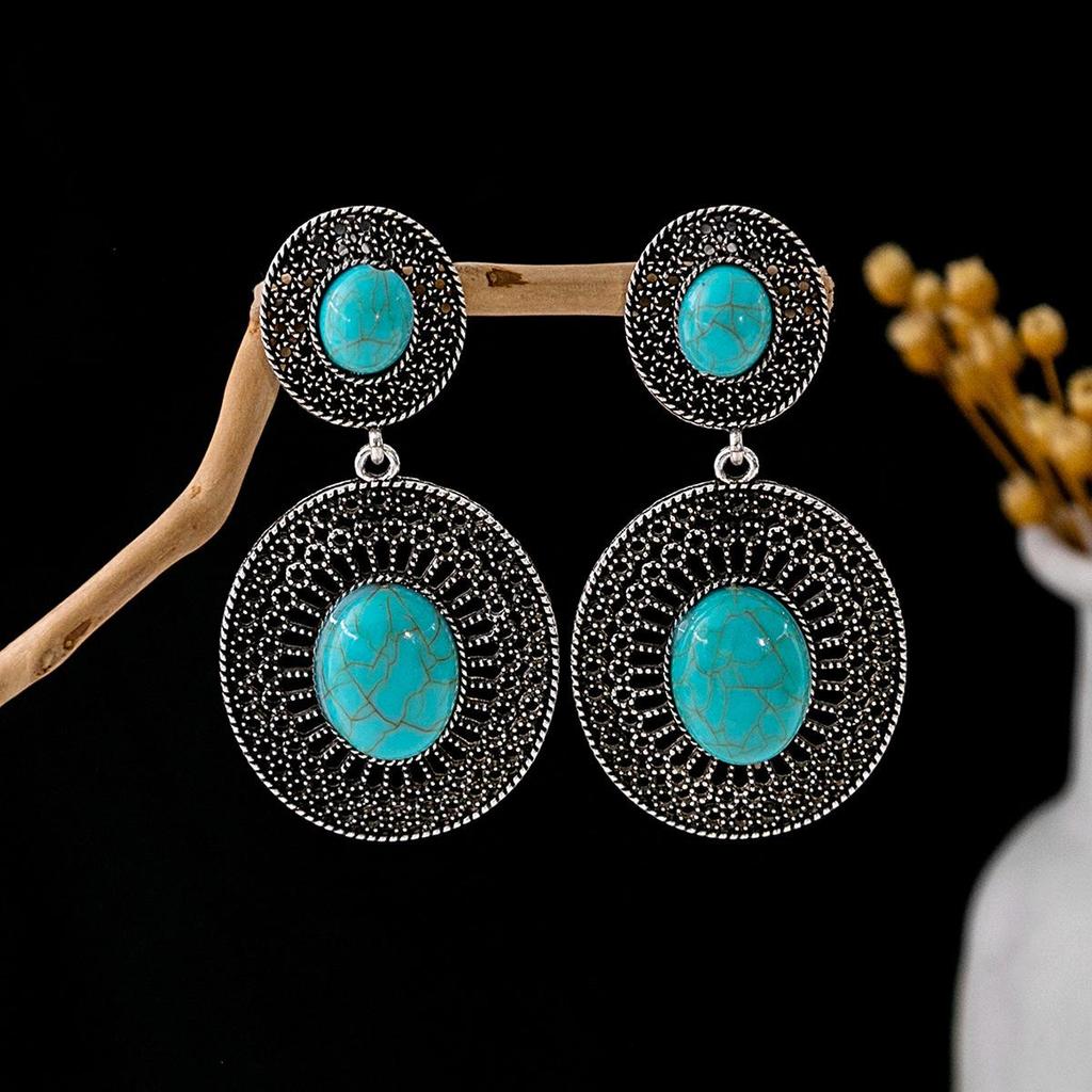 Retro Ethnic Turquoise Earrings: Blue Hollow Flower, Tassel, Owl, and Water Drop Designs