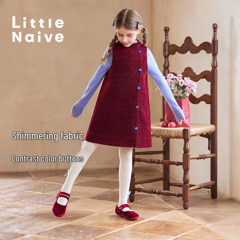 Little Naive Girl's Winter Corduroy Padded Vest Dress with Contrast Buttons
