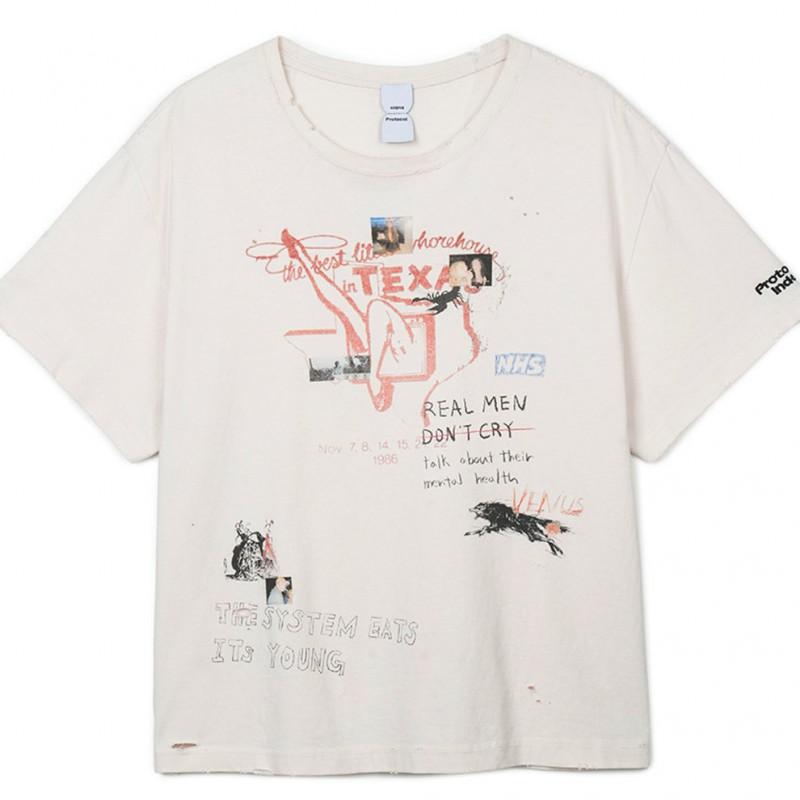 Vintage Streetwear Graphic Tee Mens Loose Fit Short Sleeve Cotton T-Shirt Retro Graffiti Print Casual