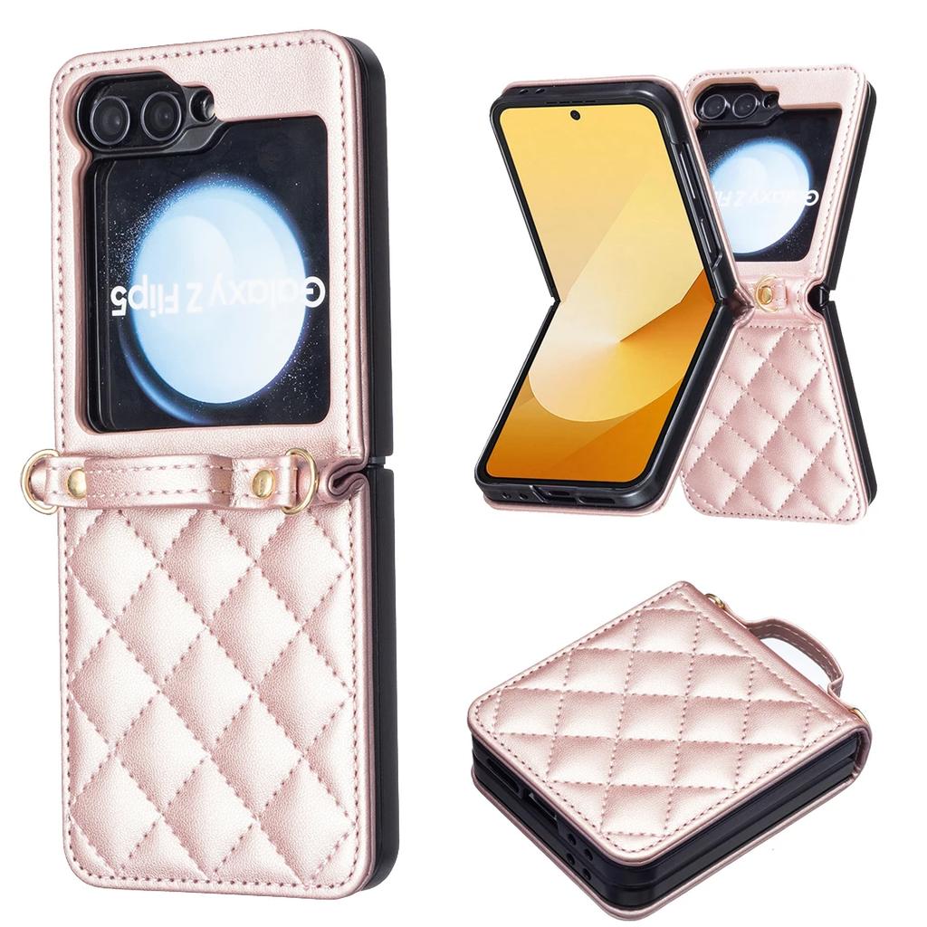 Luxury Crossbody Diamond Leather Case For Samsung Galaxy Z Flip 7 FE 6 5 4 3 5G Flip6 Shoulder Strap Slim Plain Folding Cover