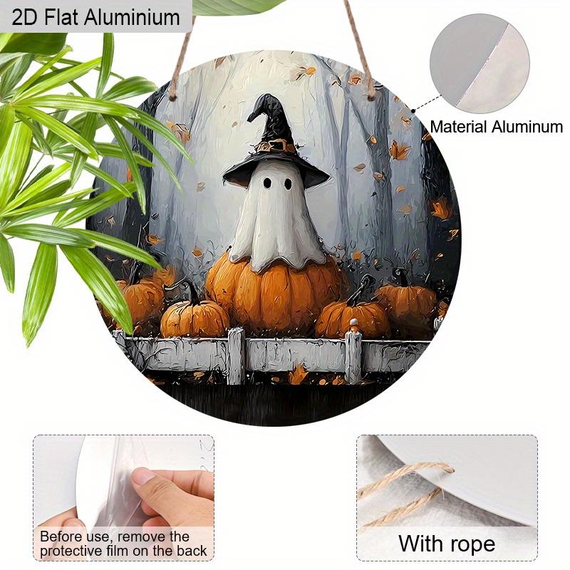 2D Flat Aluminium Oil Painting Style Halloween Sign with Ghosts Pattern - Halloween Figurine Ornaments - Ideal for Front Door, Wall, Porch, Window