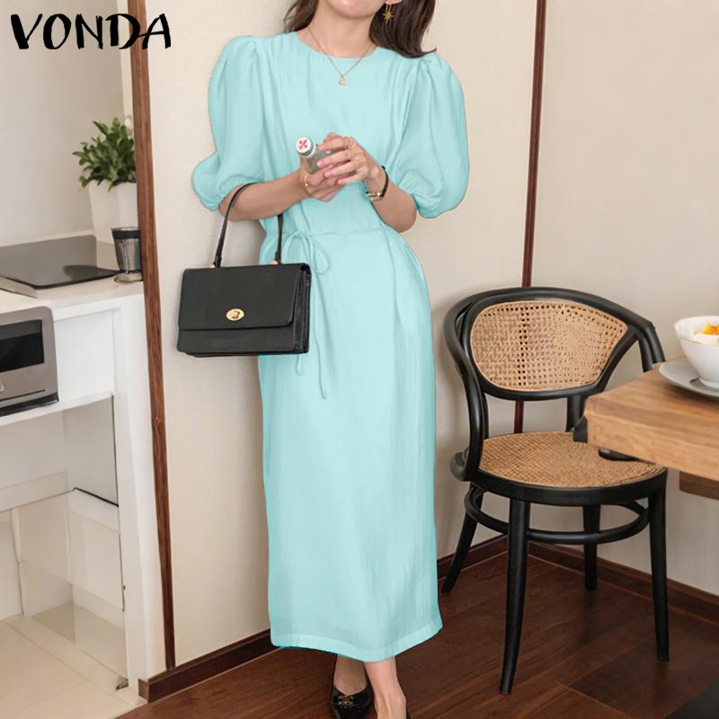 VONDA Damska Okrągły Dekolt Krótki Rękaw Jednolity Casualowa Długa Elegancka Sukienka