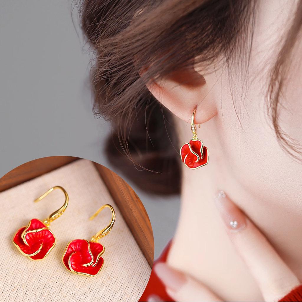Sweet and high-end Red Mountain Camellia Earrings for Women, 2026 new earrings, popular, niche design, French earrings