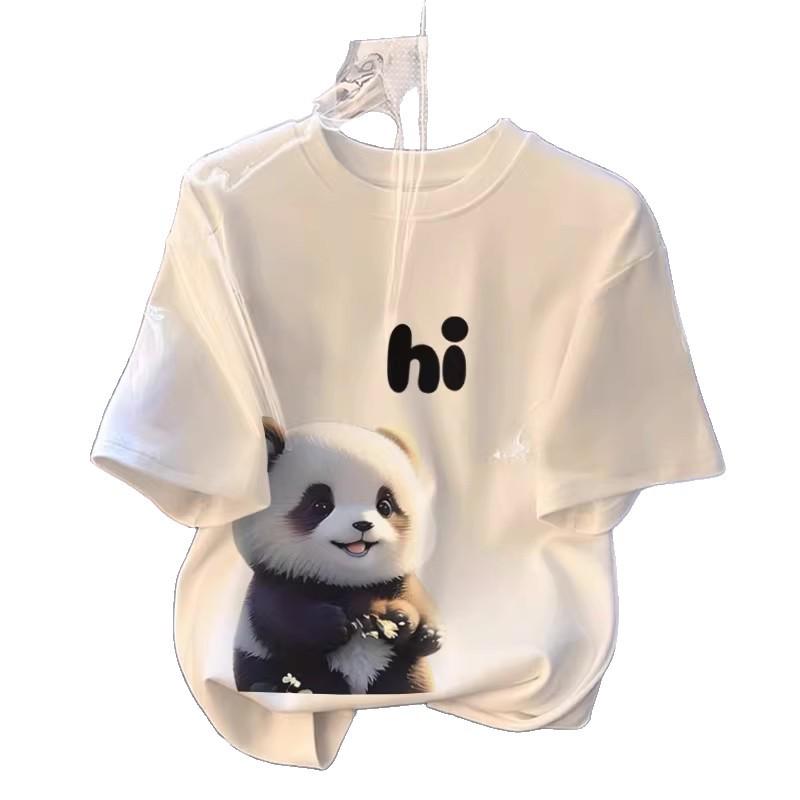2026 Women's Fashion Panda Round Neck Cotton T-shirt - Loose, Versatile, White Short Sleeve Trendy Top