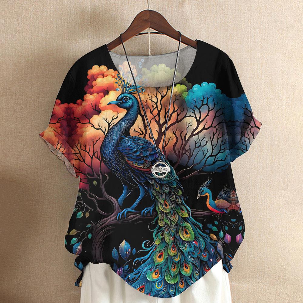 Harajuku Casual Short Sleeve Top Tee O Neck Oversized Female Clothing Women's T-Shirts Cute Animal Peacock 3d Print T-Shirt