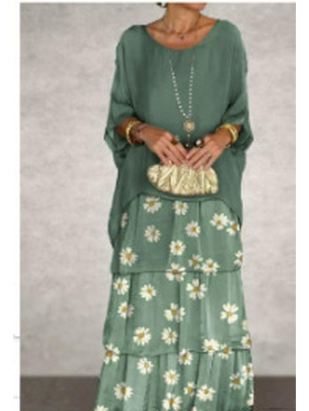 2024 Chiffon Mesh Bat Sleeve Round Neck Long Dress