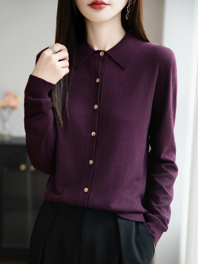 Damen Strickjacke für den Frühherbst: Polo-Kragen Langarm Pullover-Top