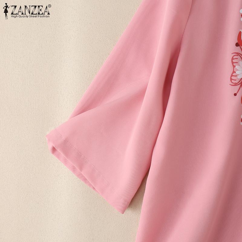 ZANZEA Women Casual Turn Down Collar 3/4 Sleeve Loose Print Blouse