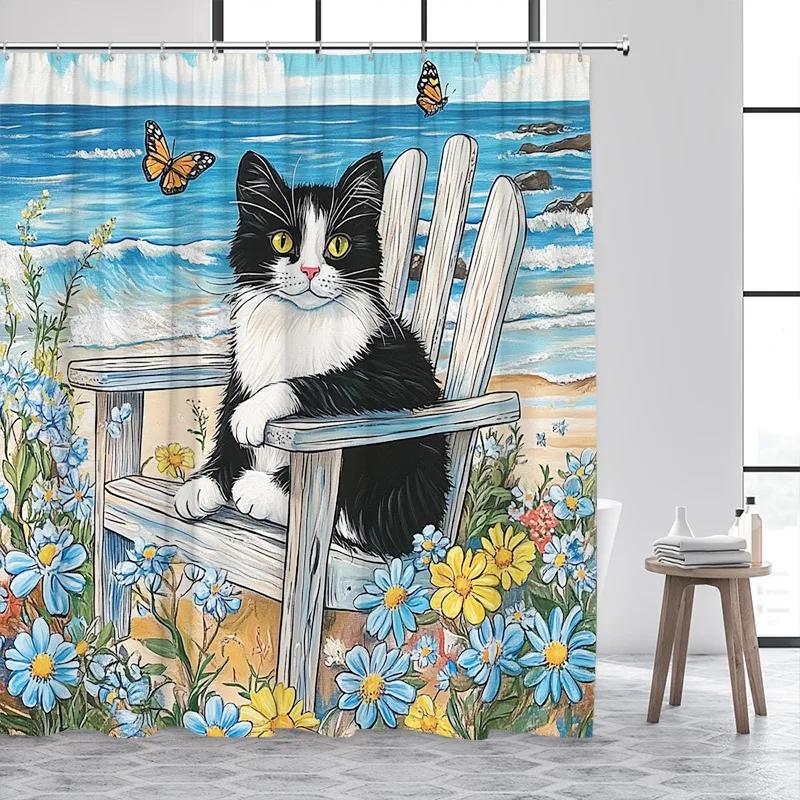 Funny Black Cat Shower Curtain Cute Animal Flowers Bonsai Polyester Fabric home Bathroom Decorative Bath Curtains with Hooks