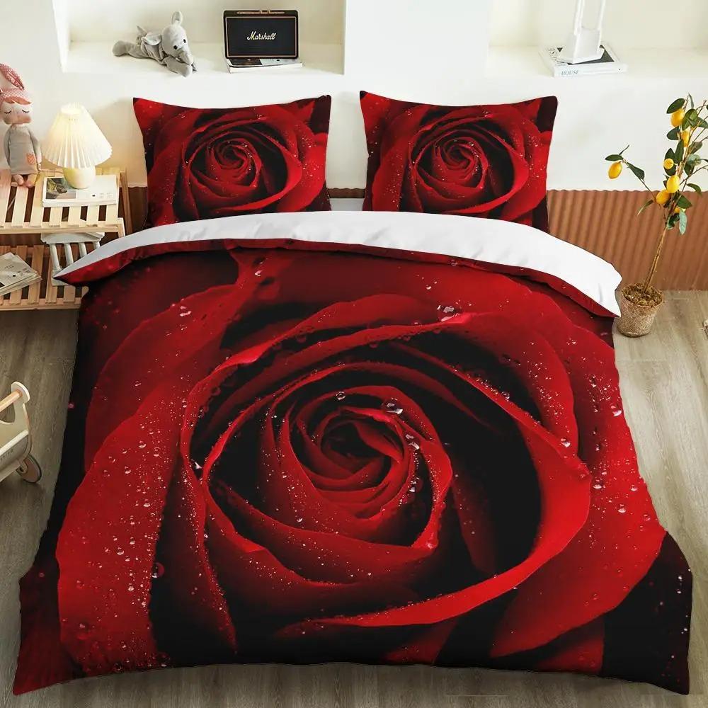 Red Rose Duvet Cover Collection Full Size Microfiber Red Flower Quilt Cover For ValentineS Day MotherS Day Wedding Soft Bedding Collection