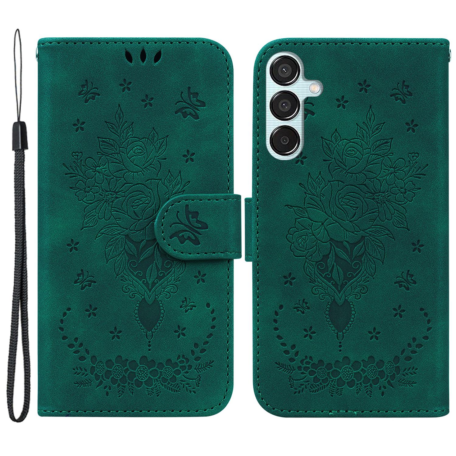 

For Samsung Galaxy M15 5G/F15 5G Case Butterfly Flower Pattern Flip Leather Phone Cover Green