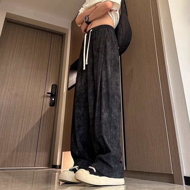 New Summer Loose Wide-Leg Casual Dirty Pants for Men, Soft and Breathable Tie-Waist Trousers