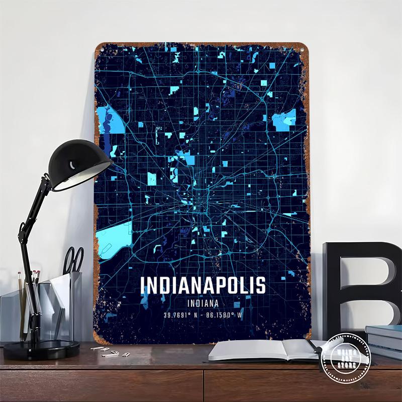 Indianapolis Midnight City Map Metal Poster Customized Wall Art Retro Vintage Tinplate Signs for Gamer Room Decoration At Home