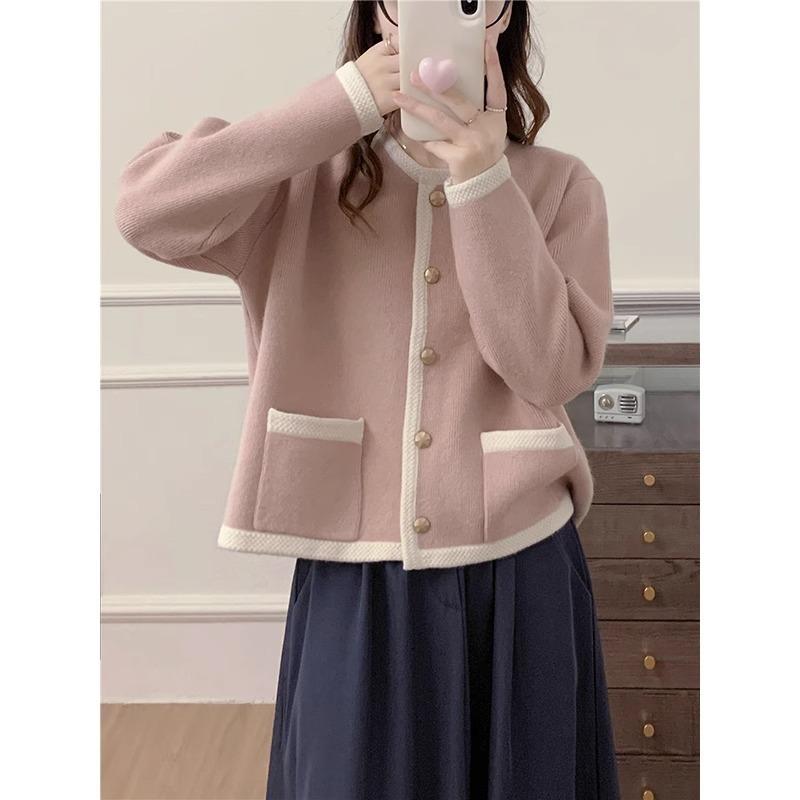 

Soft waxy contrasting sweater knitted cardigan women s spring and autumn new gentle loose and thin coat top one size fits all розовый