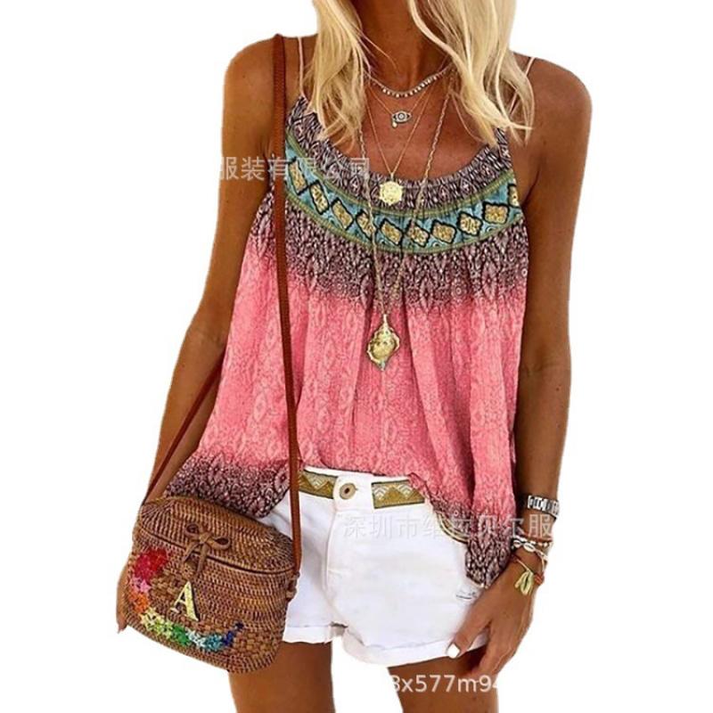 2026 Summer Loose Casual Round Neck Strap Hand-Painted Positional Print Women's Tank Top T-Shirt