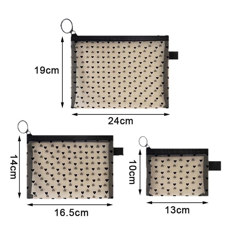 Nylon Mesh Cosmetic Bag Zipper Heart Shaped Toiletry Organizer Makeup Bags Multifunctional Women Lipstick Key Coin Purse Pouch