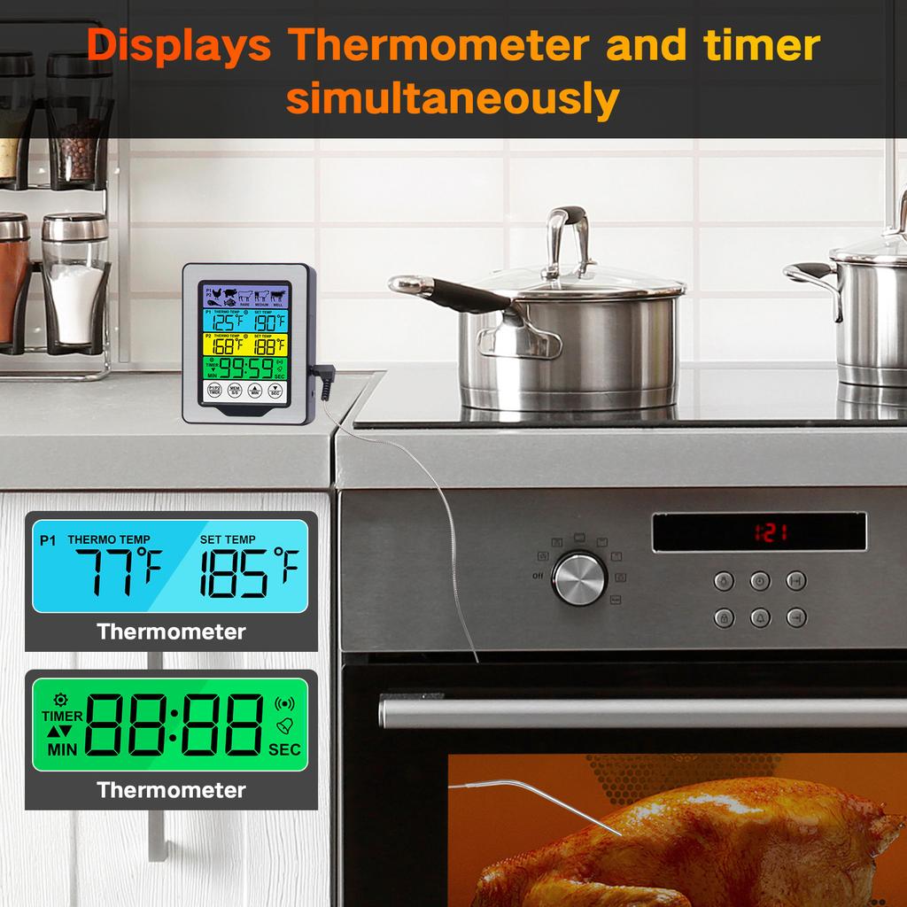 Color Touch Screen Digital Food Temperature Gauge Cooking Meat Thermometer with Dual Temperature Probe, Digital Oven