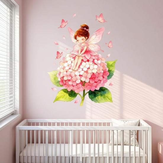 Blomsterfe Vægklistermærke, Store Lyserøde Hortensia Sommerfugl Vægdekorationer, Afskal Og Klæb Vægmaling Kunst til Piger Værelse Soveværelse Børneværelse Legeværelse