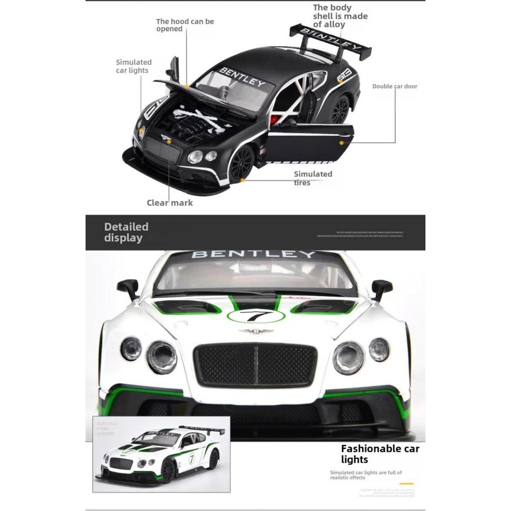 1/24 Bentley Continental GT3 Hög Simulering Gjuten Metalllegering Modellbil Ljud Ljus Dra Tillbaka Samling Leksak för Barn F501