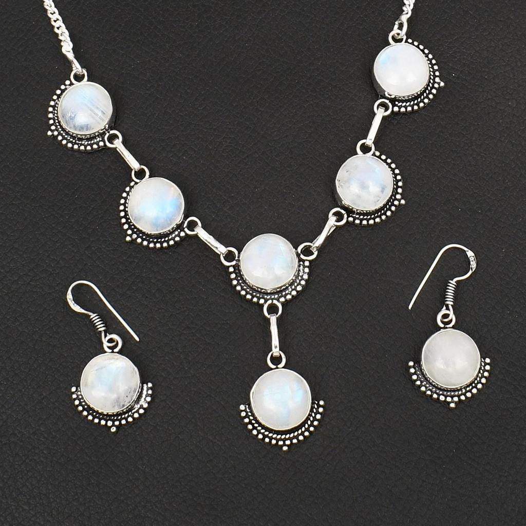925 Sterling Silver Rainbow Moonstone Jewelry Set Elegant Round Gemstone Necklace & Drop Earrings for Women Boho Wedding Jewelry