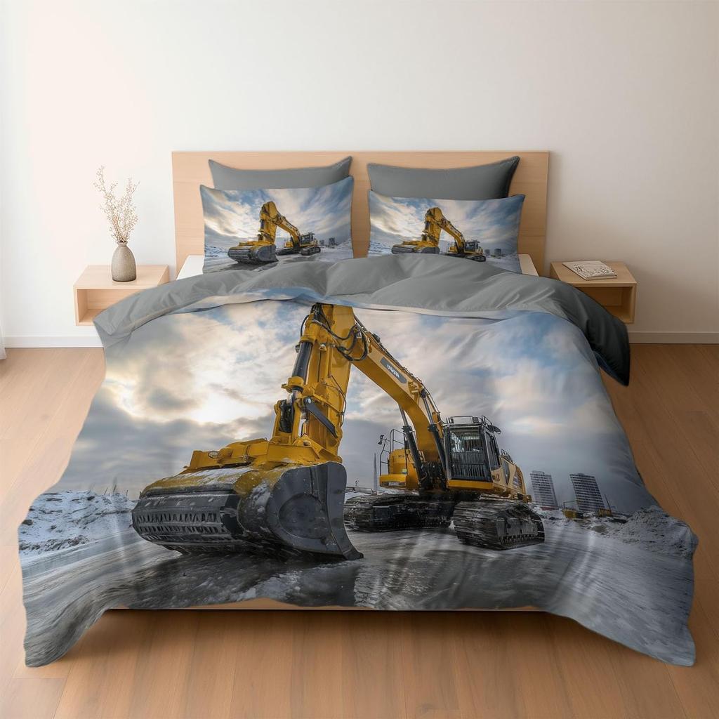 Kids Duvet Cover Digger Excavator Children's Bedding Set,Boys 3D Print Microfibre Kid Digger Duvet Cover with Pillowcase 50x75cm