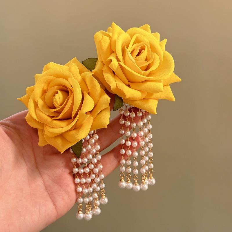 Elegant Pearl Tassel Flower Earrings: High-End French Fabric Design for Women